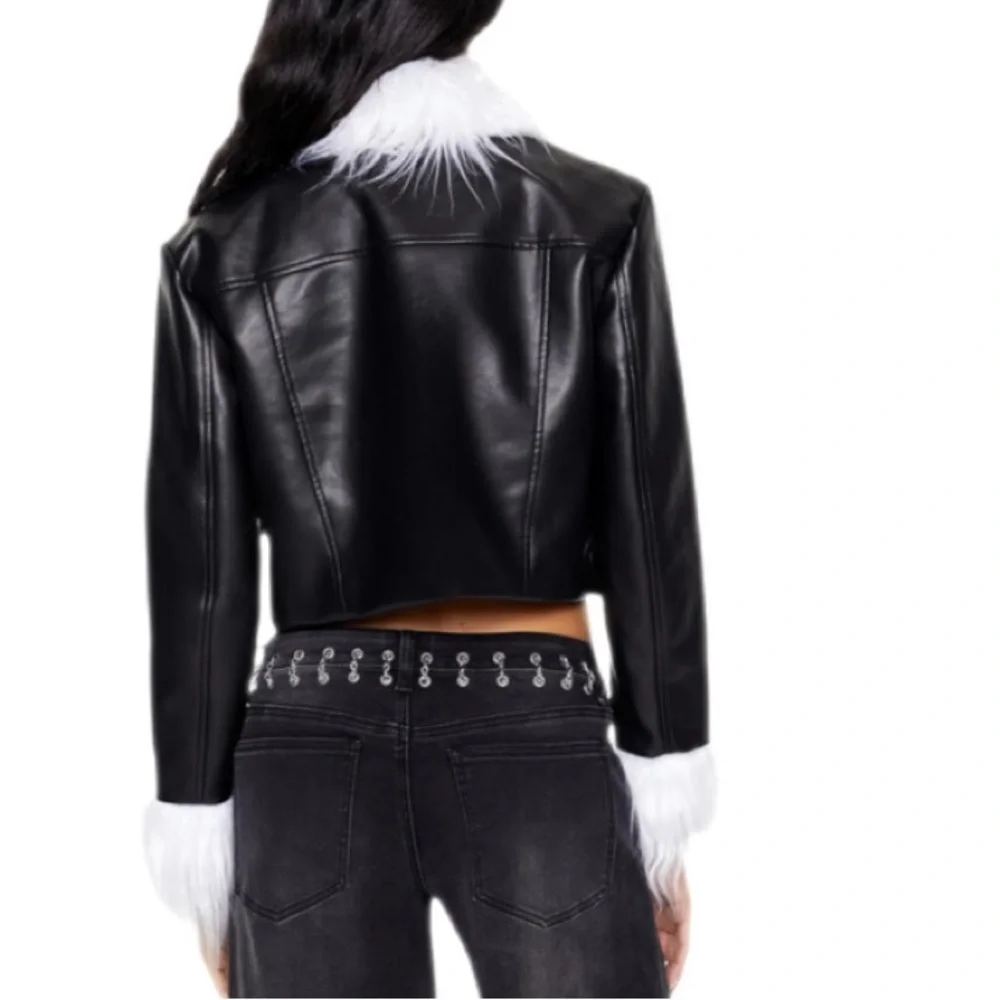 Forever 21 Faux Leather Trucker Jacket White Faux Fur Trim NWT